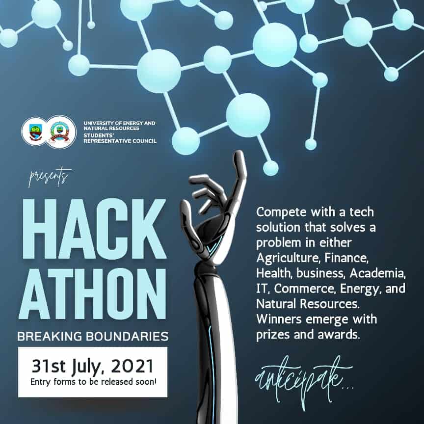 The SRC presents HACKATHON 2021 under the theme BREAKING BOUNDARIES which seeks to task UENR students and the entire university community to come up with IT based innovations that tackles modern day problems in Agriculture, Finance, Health, Business, Academia, Everyday social relations, Telecommunication, Energy, Natural resources and any other sector that requires innovation from young minds.